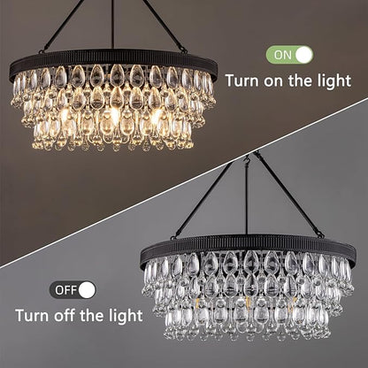 TOCHIC Crystal Chandeliers, 6-Light 3 Tiers Black Crystal Chandelier Light, Modern Farmhouse Luxury Light Fixture for Bedroom, Dining Room, Kitchen Island, Living Room, Entryway, 28"