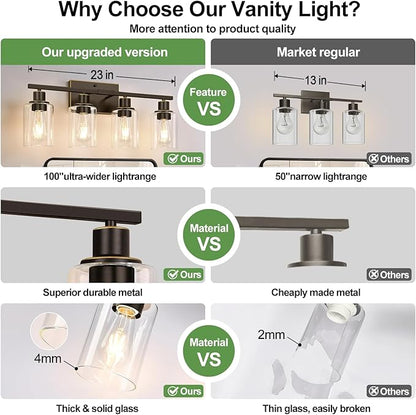 Indoi 4 Light Bathroom Light Fixtures, Oil-Rubbed Bronze Modern Vanity Lights with Clear Glass Shades, Bathroom Wall Lamp for Mirror Living Room Cabinet