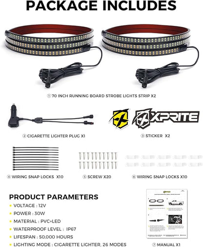 Xprite 2PCS 70 Inch Running Board Lights, 864 LED Emergency Strobe Light Strip, Truck LED Light Strip, Flexible Waterproof Running Board Emergency Lights for Trucks Pickup SUV Jeep – Amber