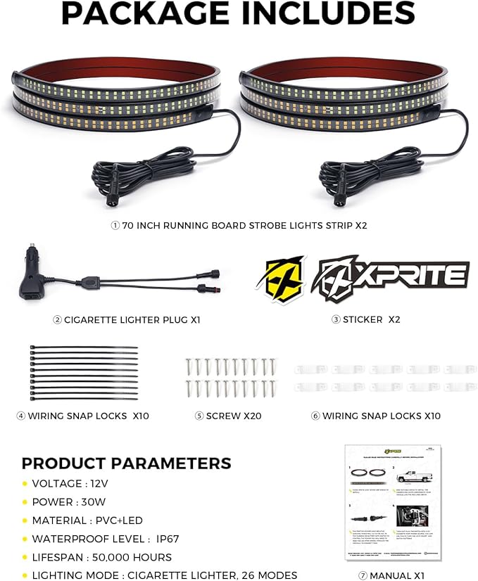Xprite 2PCS 70 Inch Running Board Lights, 864 LED Emergency Strobe Light Strip, Truck LED Light Strip, Flexible Waterproof Running Board Emergency Lights for Trucks Pickup SUV Jeep – White & Blue