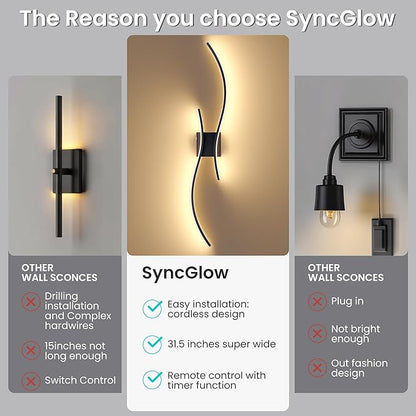 Battery Operated Wall Sconces Set of Two, 10000mAh Rechargeable Modern Wall Lights with Remote Control, Dimmable Black LED Cordless Lighting for Living Room, Bedroom, Hallway, 31.5 Inch, 3CCT