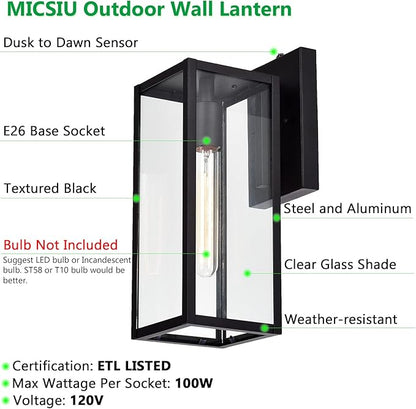 MICSIU 2 Pack Dusk to Dawn Outdoor Lighting, 14.5 Inch Modern Farmhouse Exterior Wall Sconce with Clear Glass, Industrial Black Outside Porch Lights for House Garage Entryway, E26 Base, ETL Listed