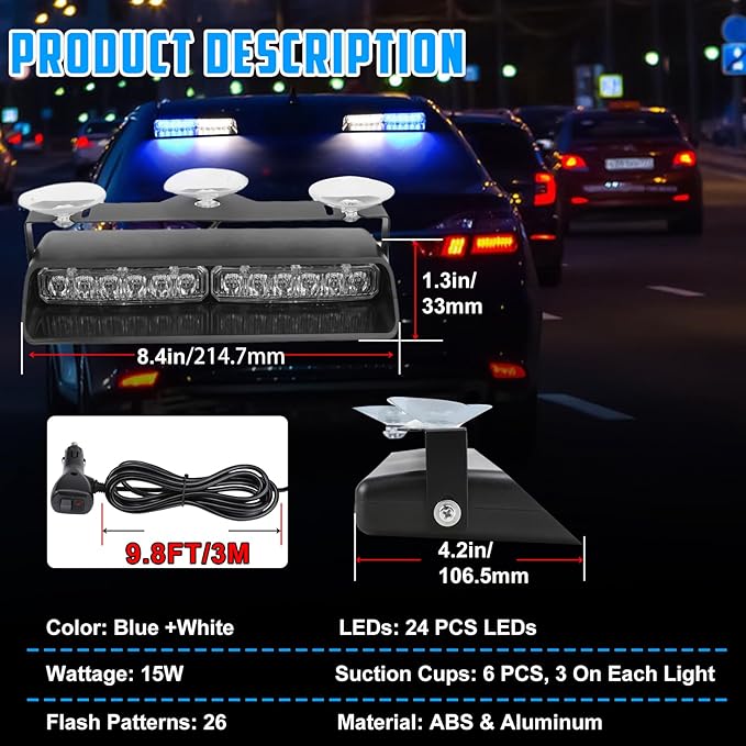 2-in-1 Blue & White LED Windshield Dash Strobe Lights, 2 x 8.4 Inch Window Interior Light, 26 Modes 12/24V Emergency Traffic Advisor Front/Rear Window Dash Strobe Lights for Trucks Vehicles