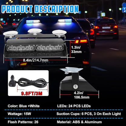 2-in-1 Blue & White LED Windshield Dash Strobe Lights, 2 x 8.4 Inch Window Interior Light, 26 Modes 12/24V Emergency Traffic Advisor Front/Rear Window Dash Strobe Lights for Trucks Vehicles