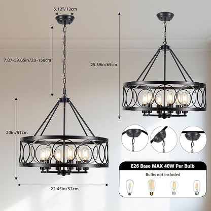 6-Lights Black Chandelier for Dining Room Light Fixture 22.5" Modern Farmhouse Chandeliers Ceiling Light Industrial Drum Hanging Pendant Lights for Kitchen Island Living Room Entryway Bedroom