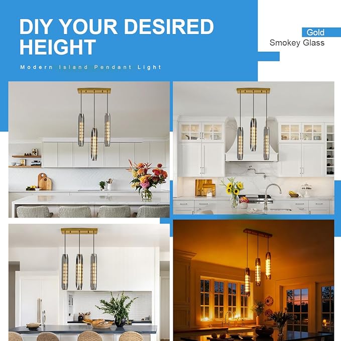 3-Light Linear Pendant Light for Kitchen Island, Modern Brass Ceiling Hanging Lamp with Smoked Glass Shades, Adjustable Height Island Lighting for Dining Room, Bar, Living Room