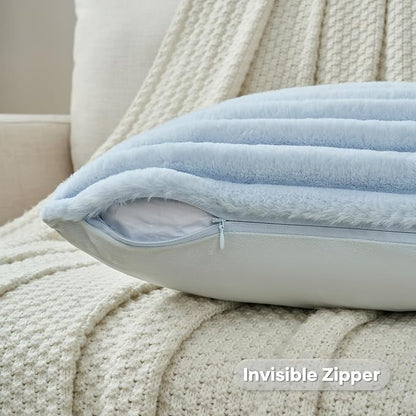 FUTEI Pack of 2 Solid Faux Fur Plush Throw Pillow Covers 18x18 Inch Soft Fluffy Striped Decorative Cushion Cases Modern Farmhouse Accent for Couch Bed Living Room, Light Blue