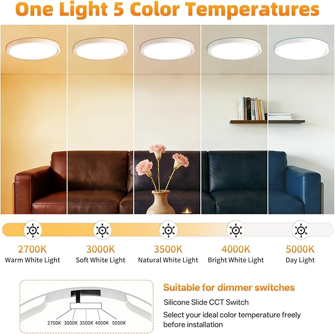 15.8Inch 2Pack Super Slim Flush Mount Ceiling Light Fixture,30W 3400LM Dimmable 5CCT Selectable 2700K-5000K Round Light Fixture for Living/Bedroom,Kitchen/Bathroom,Porch&All Indoor Spaces White