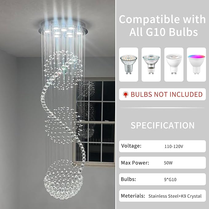 Modern Spectacular Spiral Sphere Rain Drop Chandeliers, k9 Crystal Chandeliers Ceiling Light Fixture for Hallway, Foyer Staircase Light for High Ceilings, Romantic Deco Lamp 20" X 71" of CRYSTOP
