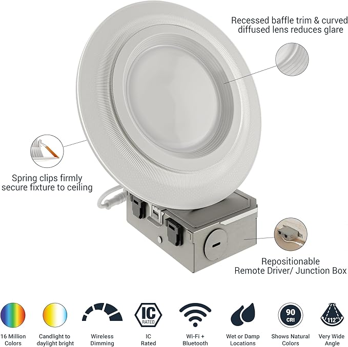 HALO 6 in Dual Zone Smart Wi-Fi Canless LED Ceiling Light Fixture 4-Pack Connected by WiZ Pro, Dimmable, Full Color, SpaceSense Motion Detection - RLWZDZC6-4PK