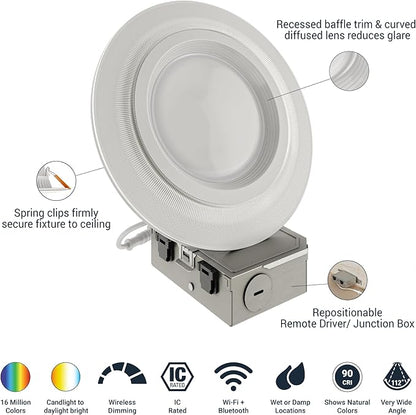 HALO 6 in Dual Zone Smart Wi-Fi Canless LED Ceiling Light Fixture 4-Pack Connected by WiZ Pro, Dimmable, Full Color, SpaceSense Motion Detection - RLWZDZC6-4PK