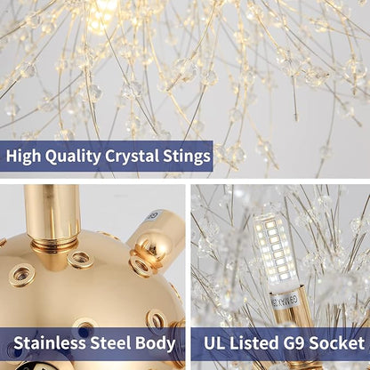 CM MZY Modern Crystal Chandeliers Firework, 9-Light Gold Dandelion Sputnik Ceiling Light Fixtures, Sputnik Chandelier Pendant Light for Bedroom Living Room Dining Room Kitchen Island Hallway