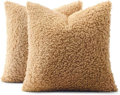 MIULEE Pack of 2 Throw Pillow Covers 20x20 Inch Neutral Camel Faux Fur Decorative Sherpa Pillow Covers Fuzzy Accent Soft Sheepskin Fleece Cushion Cases for Boho Home Decor Couch Living Room Bed