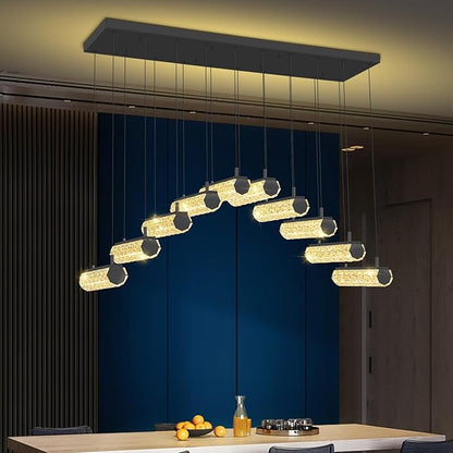 Crystal Ring Chandelier for Dining Room,Black 10 Lights Rectangular Crystal Pendant Lights Over Table Modern Linear Crystal Chandelier Dimmable with Remote Control