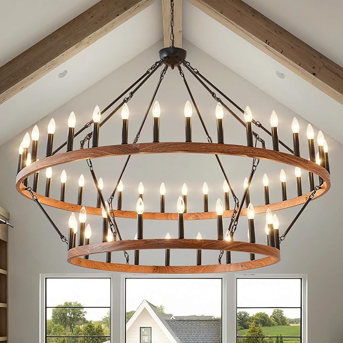 HHR 60" Wood-Grain Surface Double Tier Wagon Wheel Chandelier, 54-Light Extra Large Farmhouse Pendant Light Fixture, Round High Ceiling Chandelier for Dining Room Living Room Island Foyer Entryway E12