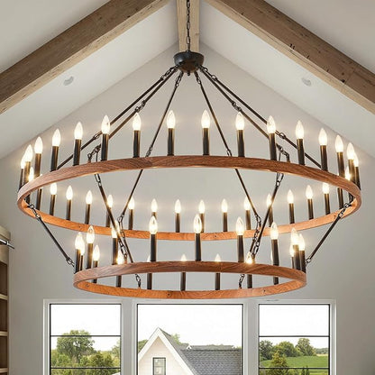 HHR 60" Wood-Grain Surface Double Tier Wagon Wheel Chandelier, 54-Light Extra Large Farmhouse Pendant Light Fixture, Round High Ceiling Chandelier for Dining Room Living Room Island Foyer Entryway E12