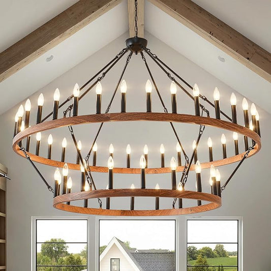 HHR 60" Wood-Grain Surface Double Tier Wagon Wheel Chandelier, 54-Light Extra Large Farmhouse Pendant Light Fixture, Round High Ceiling Chandelier for Dining Room Living Room Island Foyer Entryway E12