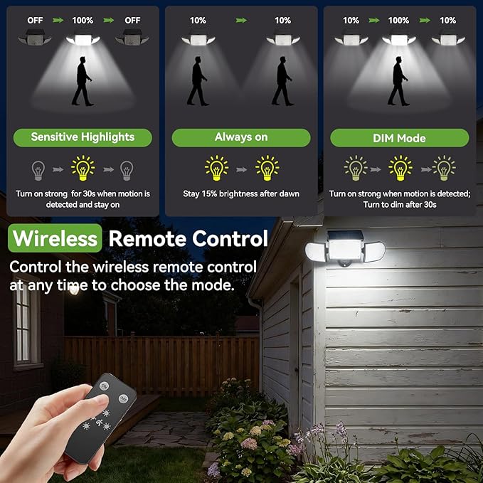 Solar Outdoor Light 4000mAh, 360 Rotatable Solar Panel, Motion Sensor with Remote Control, Multi-Direction Adjustable Side Panels, IP65 Waterproof Security Light for Yard Driveway Porch (2)