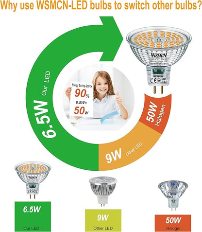 MR16 GU5.3 LED Bulbs 6.5W Replace 60W Halogen Equivalent 2700K Warm White 510Lm, 12V Low Voltage Non-Dimmable 120° Flicker-Free Spotlight for Landscape Track Lighting, Pack of 6