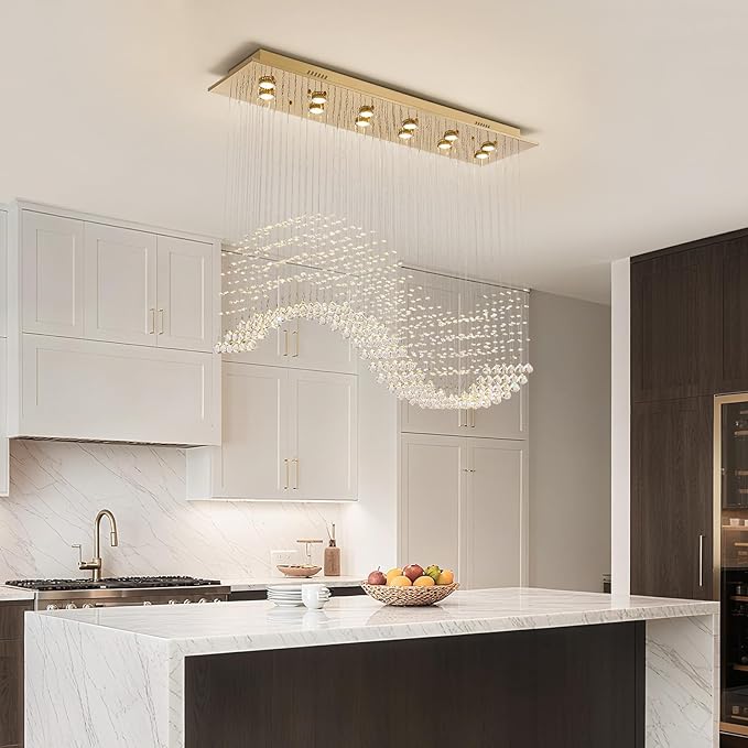 Siljoy 12-Lights Modern Crystal Chandeliers, Luxury Wave Raindrop Crystal Pedant Light Fixture, Rectangular Flush Mount Ceiling Light for Dining Room Living Room Kitchen Island 47 Inch