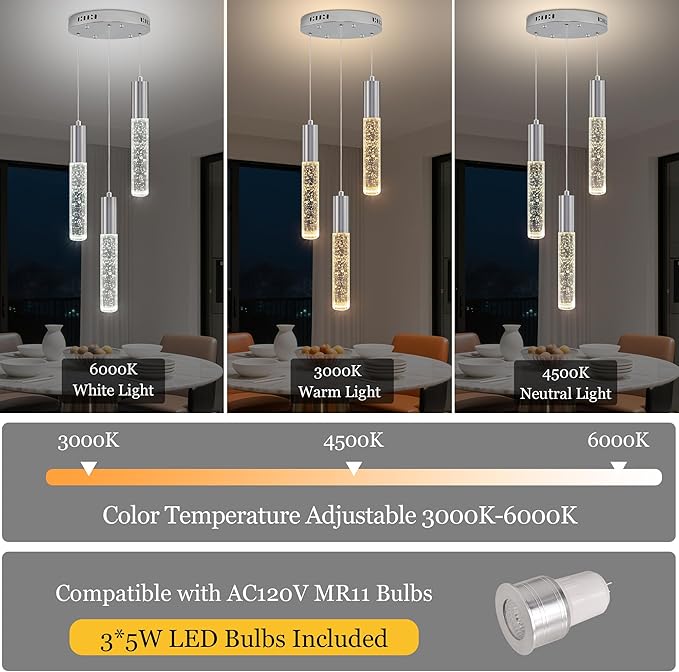 Modern Crystal Chandelier for Kitchen Island 3-Lights, Elegant Chrome LED Bubble Pendant Lighting Fixture for Dining Room Bedroom Entryway