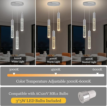 Modern Crystal Chandelier for Kitchen Island 3-Lights, Elegant Chrome LED Bubble Pendant Lighting Fixture for Dining Room Bedroom Entryway