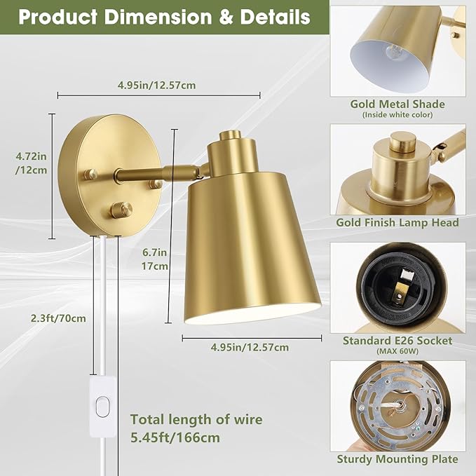 Lomoky Dimmable Wall Sconces Plug in, Adjustable Angle Wall Lamps with Plug in Cord and Dimmer On/Off Knob Switch, Gold Wall Light with Metal Shade for Bedroom Bedside Doorway (2 Bulbs Included)
