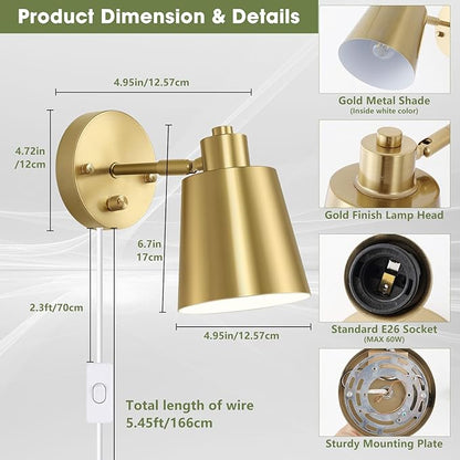 Lomoky Dimmable Wall Sconces Plug in, Adjustable Angle Wall Lamps with Plug in Cord and Dimmer On/Off Knob Switch, Gold Wall Light with Metal Shade for Bedroom Bedside Doorway (2 Bulbs Included)