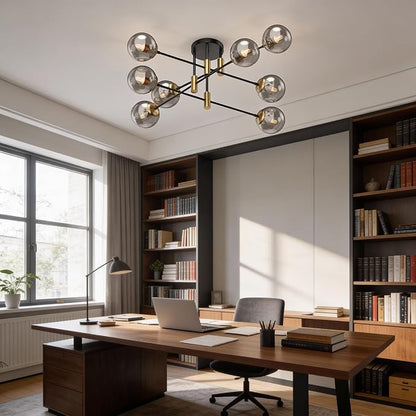 8-Light Sputnik Chandelier Modern Matte Black and Gold Ceiling Light, Glass Globe Hanging Light Fixture for Dining Room, Kitchen Island, Bedroom, Living Room