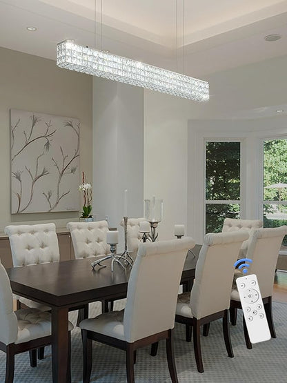 ykolupty Modern Crystal Chandelier Silver Rectangular Crystal Chandelier Contemporary Linear Pendant Ceiling Light Fixture for Living Dining Room Kitchen Island (L 40")