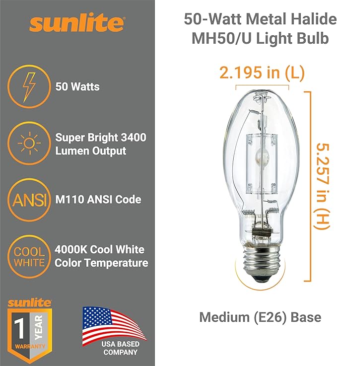 Sunlite 03637-SU MH50/U/MED M110 Metal Halide Lamp, 50 Watts, Pulse Start, Medium Base (E26), ED17, 10,000 Hours Life, 3400 Lumen, Clear Finish, 4000K