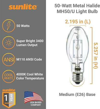 Sunlite 03637-SU MH50/U/MED M110 Metal Halide Lamp, 50 Watts, Pulse Start, Medium Base (E26), ED17, 10,000 Hours Life, 3400 Lumen, Clear Finish, 4000K
