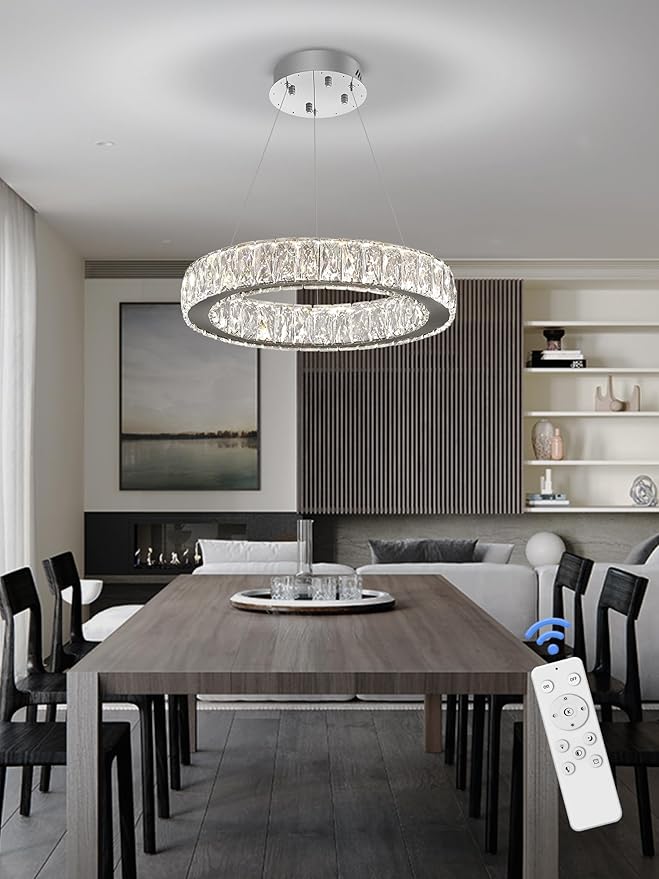 Modern LED 23.6" Ring Chandelier for Dining Room Living Room Dimmable Crystal Pendant Light Adjustable Round Chrome Crystal Chandelier