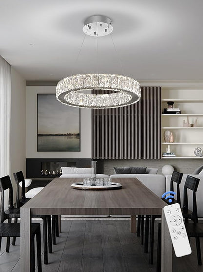 Modern LED 23.6" Ring Chandelier for Dining Room Living Room Dimmable Crystal Pendant Light Adjustable Round Chrome Crystal Chandelier