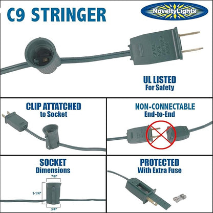 Novelty Lights 100 Foot C9 Outdoor String Light Christmas Stringer - Patio String Lights - Intermediate Base (C9/E17) - 12" Spacing - Brown Wire