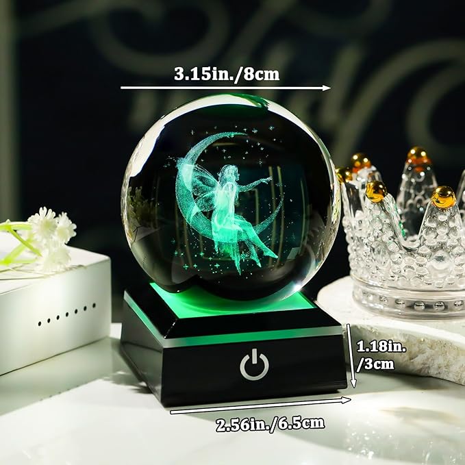 Arikyrist 3D Crystal Ball Moon Fairy Figurine with Colorful LED Base, Fairy Gifts for Women Girls on Christmas Birthday, Fairy Statue Glass Globe Decorative Ball for Home Decor (80mm)