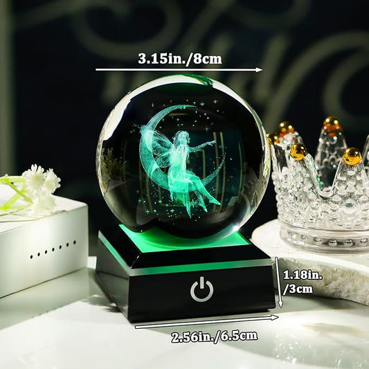 Arikyrist 3D Crystal Ball Moon Fairy Figurine with Colorful LED Base, Fairy Gifts for Women Girls on Christmas Birthday, Fairy Statue Glass Globe Decorative Ball for Home Decor (80mm)