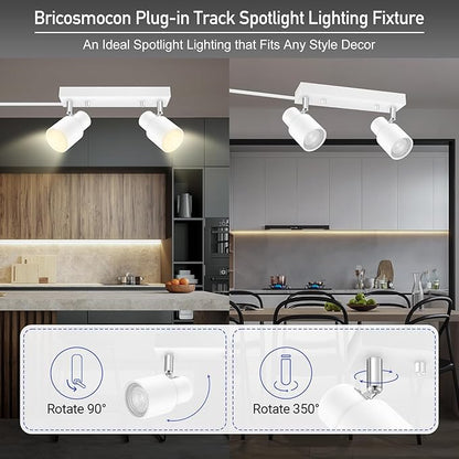 Plug in Track Lighting Fixtures Ceiling, White Track Light LED, 2-Light Track Lights with Cord, 2 Way Ceiling Spotlight, Rocker Switch, Rotatable Wall Mount Light for Kitchen/Bedroom,Bulb Not Included