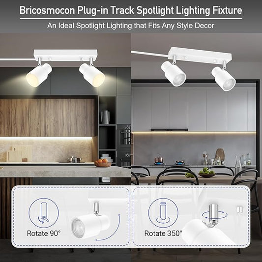 Plug in Track Lighting Fixtures Ceiling, White Track Light LED, 2-Light Track Lights with Cord, 2 Way Ceiling Spotlight, Rocker Switch, Rotatable Wall Mount Light for Kitchen/Bedroom,Bulb Not Included