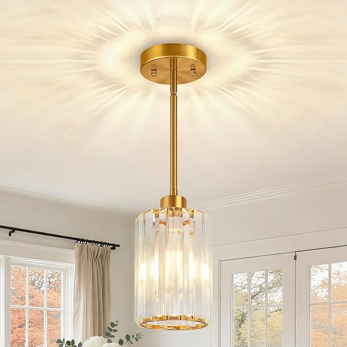 1 Pack Brushed Gold Pendant Lights Kitchen Island, Modern Crystal Chandelier Kitchen Pendant Lighting Over Island, Adjustable Hanging Mini Light Fixtures for Dining Room Hallway Corridor Bedroom