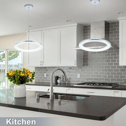 CHYING LED Pendant Lights Kitchen Island, 15.8" 18W Cool White Modern Ring Chandelier, Adjustable Height Silver Hanging Pendant Ceiling Light for Dining Room Bedroom Hallway Entryway, 3000K