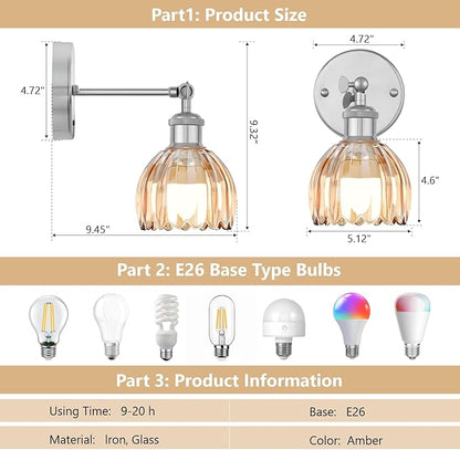 Vintage Battery Operated Wall Sconce, Amber Tulip Glass Lampshade Wireless Rechargeable Battery Powered LED Wall Light with Remote Dimmable for Bedside Bedroom Living Room, Silver, Set of 2