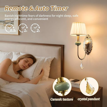 Wireless Battery Operated Antique Brass Wall Sconces Set of 2, 10000mAh Rechargeable Gold Crystal Vintage Fabric Shade Wall Lights with Bulbs & Remotes, RGB Dimmable for Living Room Bedroom Hallway