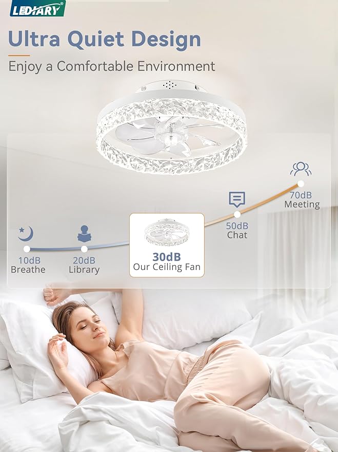 LEDIARY 15.7 Inch Low Profile Ceiling Fans with Lights and Remote, Flush Mount Ceiling Fan, 3000K-6000K Fandelier Dimmable Ceiling Fan, Modern Ceiling Fans with Light for Bedroom- White