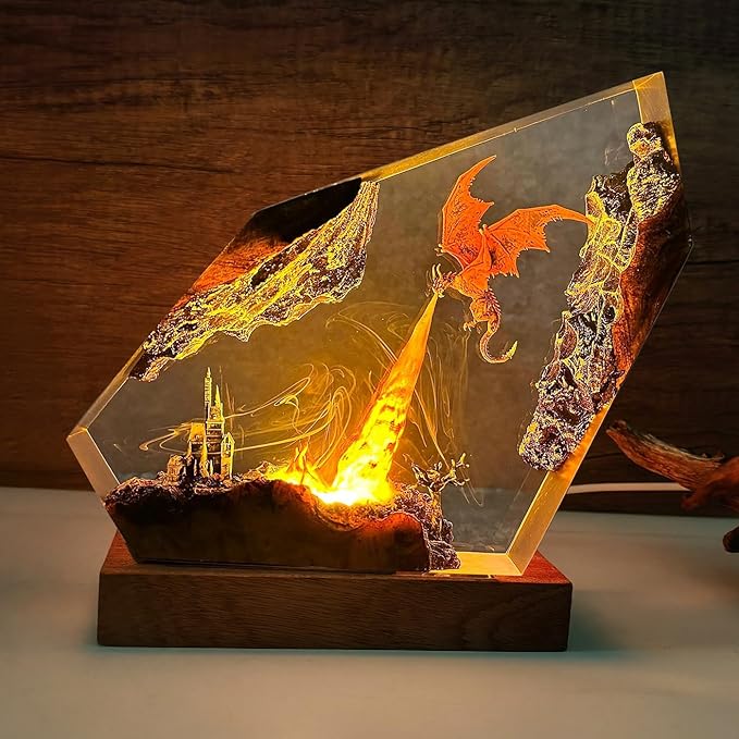Epoxy Fire Dragon Resin Lamp, Handmade Resin Night Light with USB Port, Multi-Color LED Light, Ideal Home Bedroom Decor, Unique Birthday Holiday Gifts for Father Men Husband Boyfriend Him (10"x6")