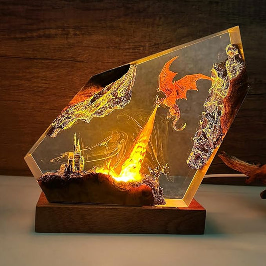 Epoxy Fire Dragon Resin Lamp, Handmade Resin Night Light with USB Port, Multi-Color LED Light, Ideal Home Bedroom Decor, Unique Birthday Holiday Gifts for Father Men Husband Boyfriend Him (10"x6")