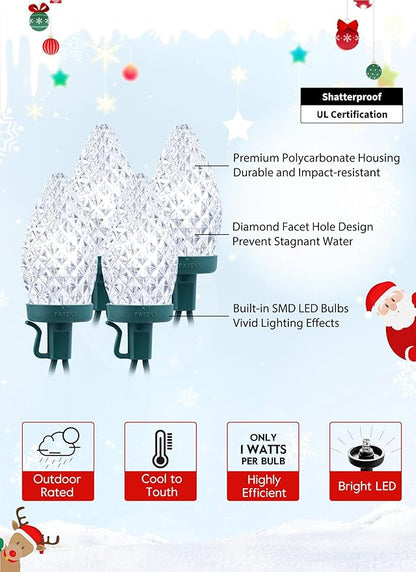 C9 Christmas Lights Outdoor, 114 Feet 150 LED C9 String Light with Timer & 8 Light Modes, Waterproof Commercial Grade Connectable Christmas Tree Lights for House Indoor Outside Roofline, Pure White