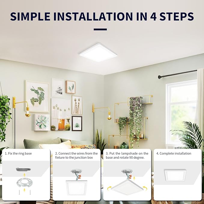 mw 4 Pack 7 Inch Square LED Flush Mount Ceiling Light, White Slim LED Ceiling Lights, Dimmable 12W, 120V, 3000K/4000K/5000K, for Bedroom, Kitchen, Bathroom, ETL Listed, Each Side is 6.38"