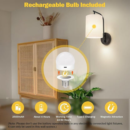 MATAMEYE Battery Operated Wall Sconce Set of 2, Black Rechargeable Dimmable Wall Light Fixture Remote, 12 RGB Colors & Timer, Wireless Lamp White Shade