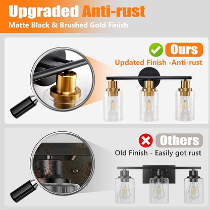 DLLT 3-Light Bathroom Light Fixtures: Black and Gold Modern Vanity Lights with 3 E26 Bulbs - Clear Glass Shade Bathroom Wall Lamp for Mirror Kitchen Living Room Hallway Cabinet Porch
